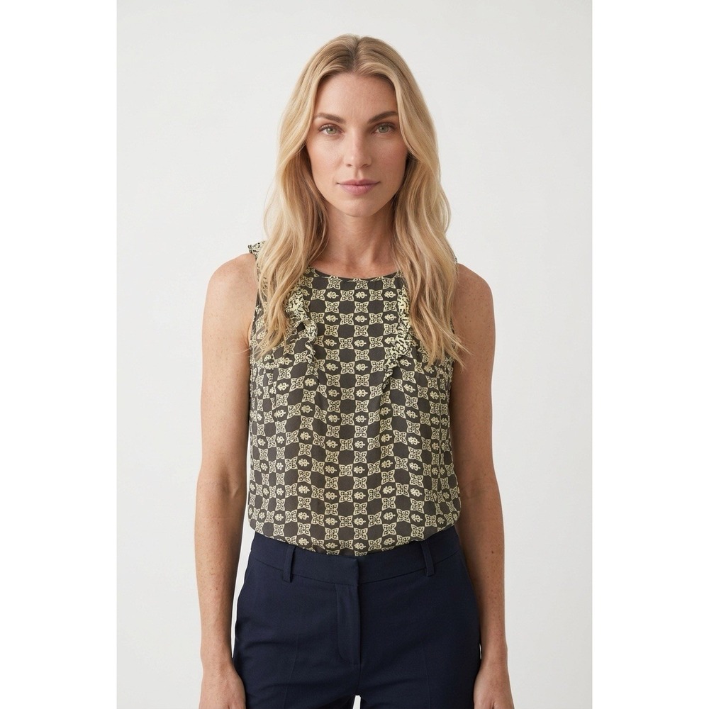 Mayle women's 6  Silk Sleeveless Blouse Ruffle Button Closure Feminine Coquette